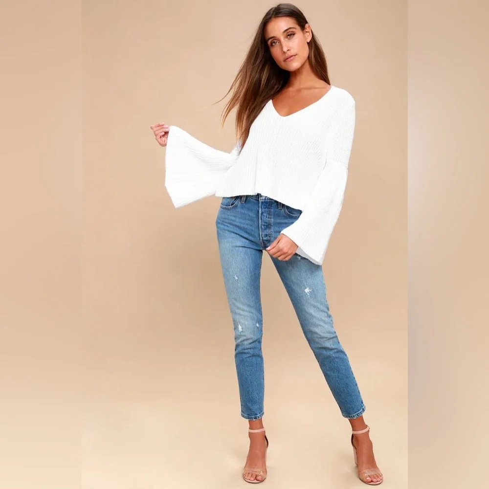Free People Damsel Bell Sleeve Knit Sweater-White